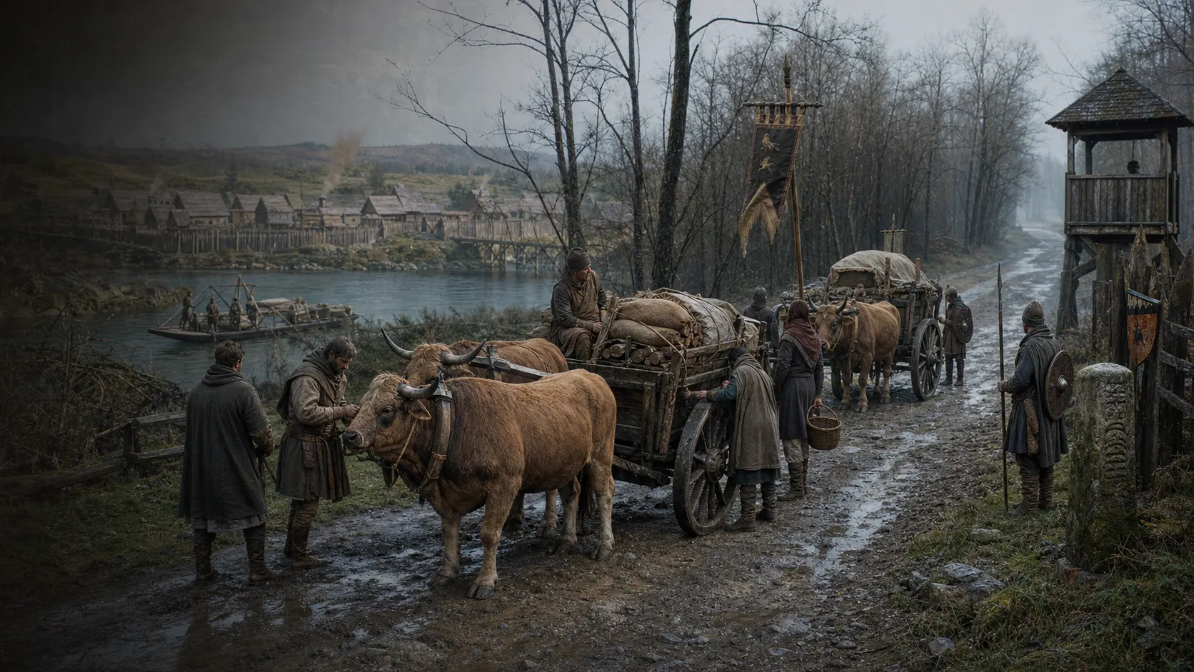 Ox carts loaded with stores pass through a guarded frontier gate.