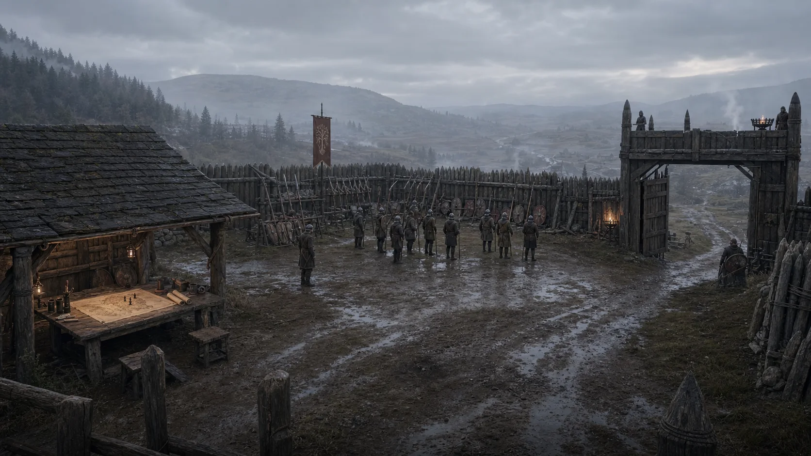 Infantry gather in Rowanford's muddy war yard beneath the House banner.